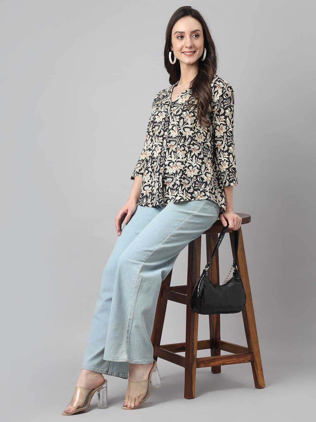Janasya Women's Black Cotton Floral Print Casual Regular Top | Grocsy
