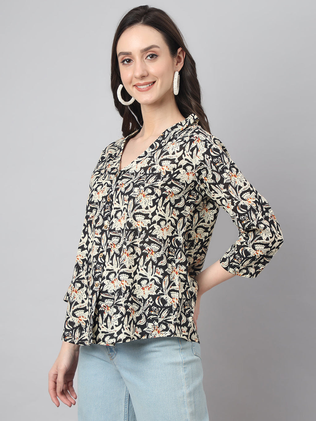 Janasya Women's Black Cotton Floral Print Casual Regular Top | Grocsy