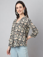 Janasya Women's Black Cotton Floral Print Casual Regular Top | Grocsy