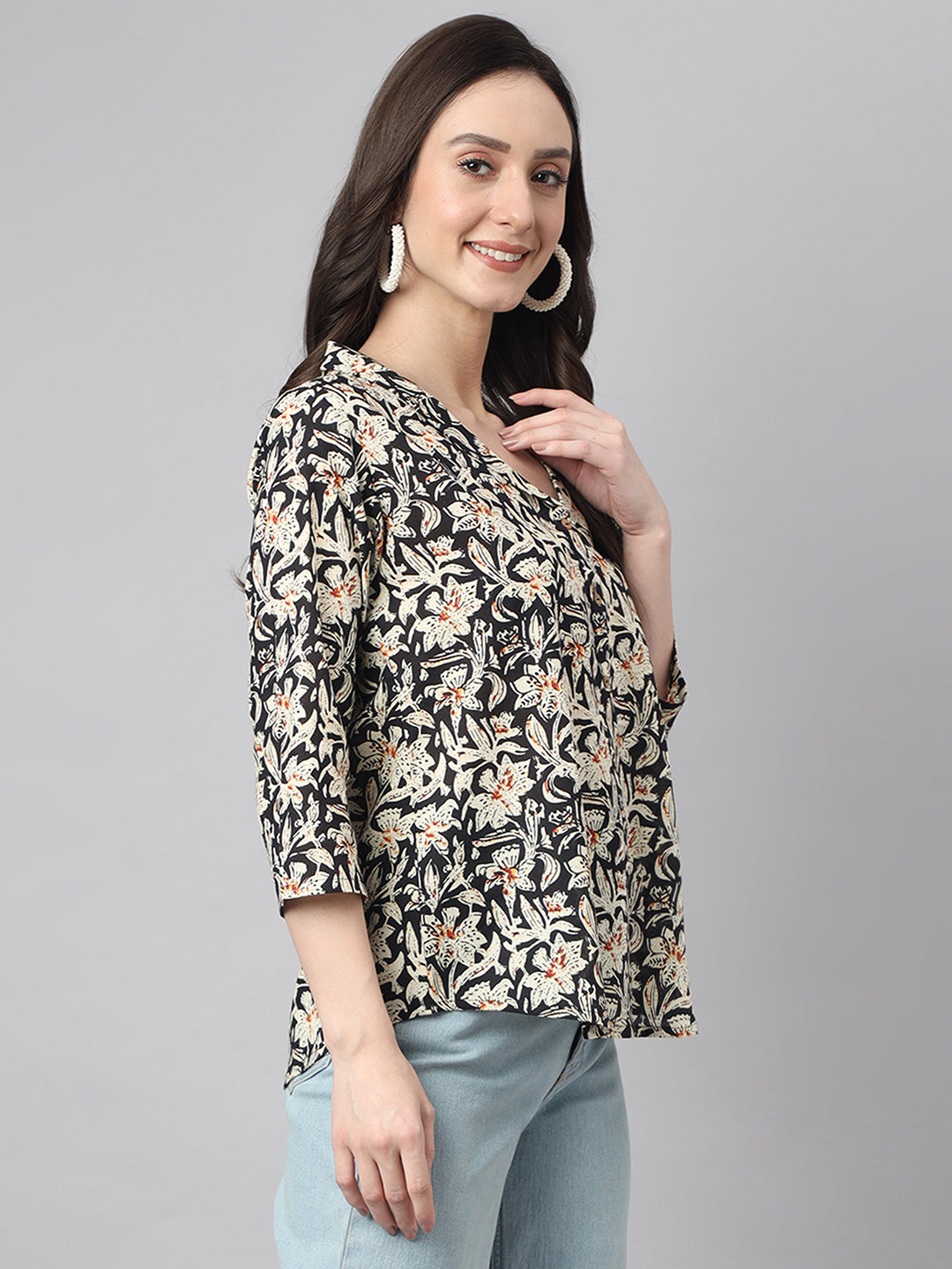 Janasya Women's Black Cotton Floral Print Casual Regular Top | Grocsy