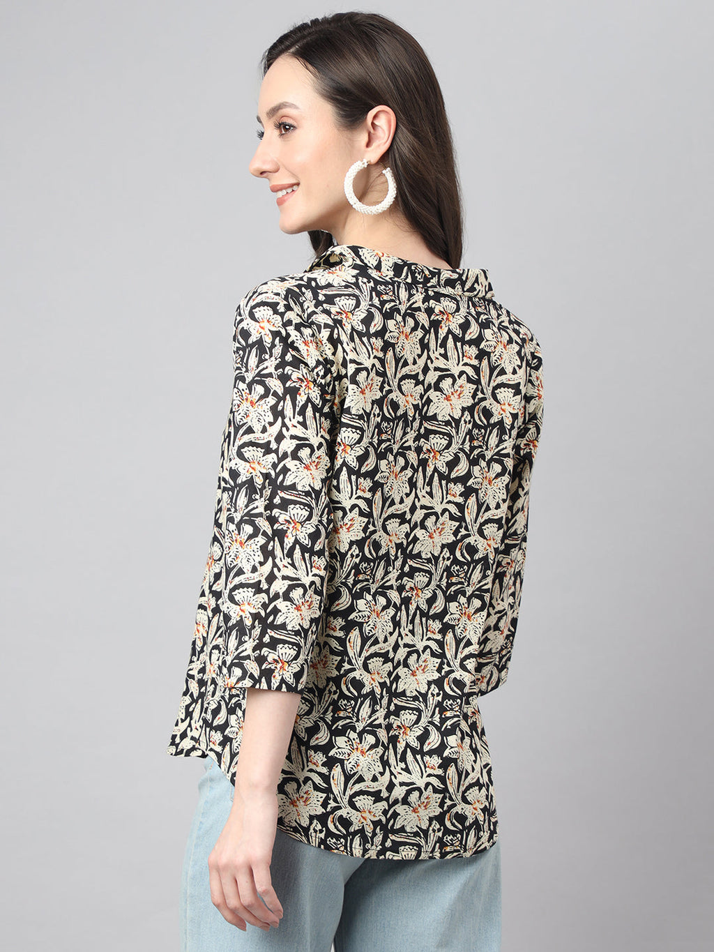 Janasya Women's Black Cotton Floral Print Casual Regular Top | Grocsy