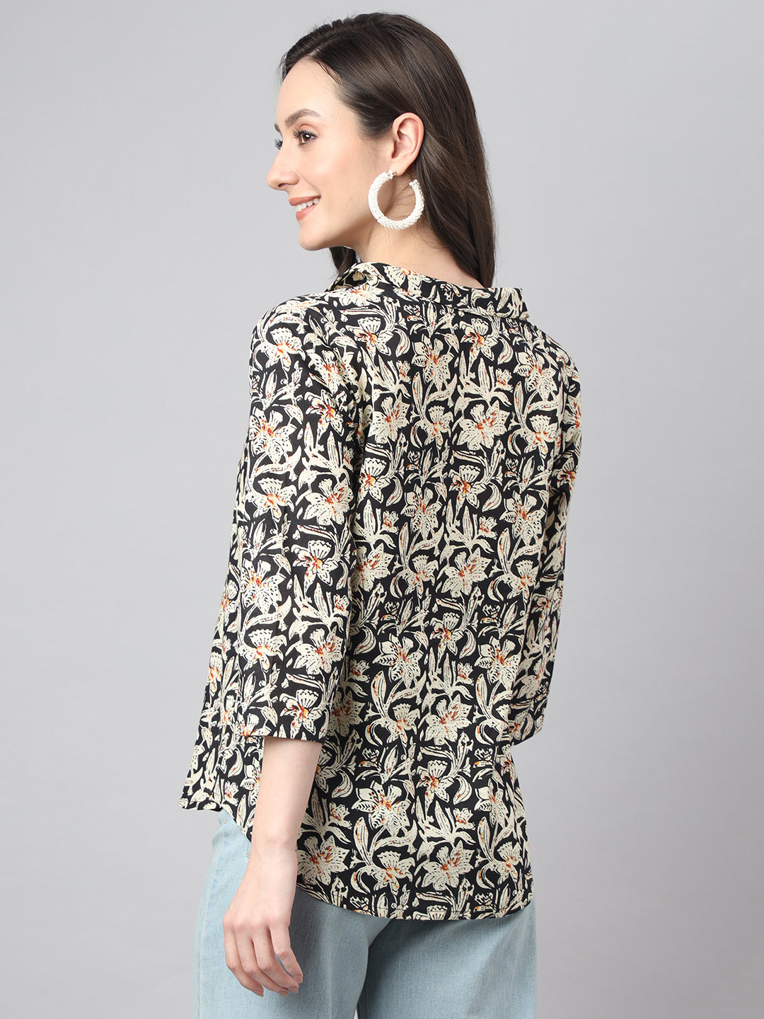Janasya Women's Black Cotton Floral Print Casual Regular Top | Grocsy