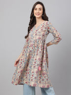 Janasya Women's Beige Cotton Floral Printed Casual Angrakha Kurta | Grocsy
