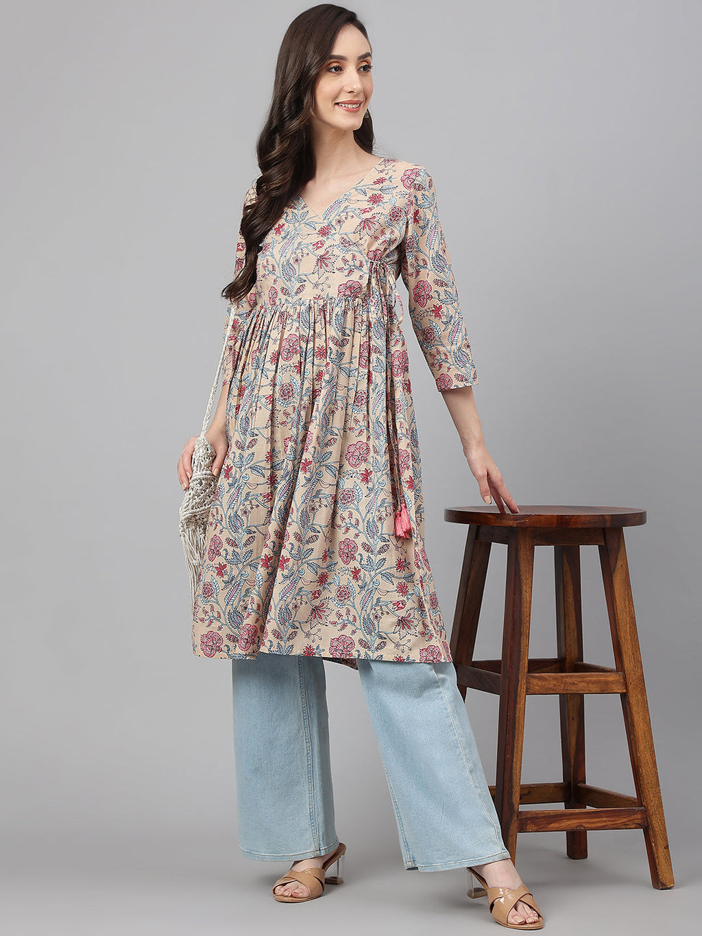 Janasya Women's Beige Cotton Floral Printed Casual Angrakha Kurta | Grocsy