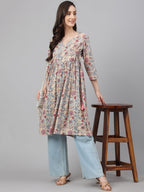Janasya Women's Beige Cotton Floral Printed Casual Angrakha Kurta | Grocsy