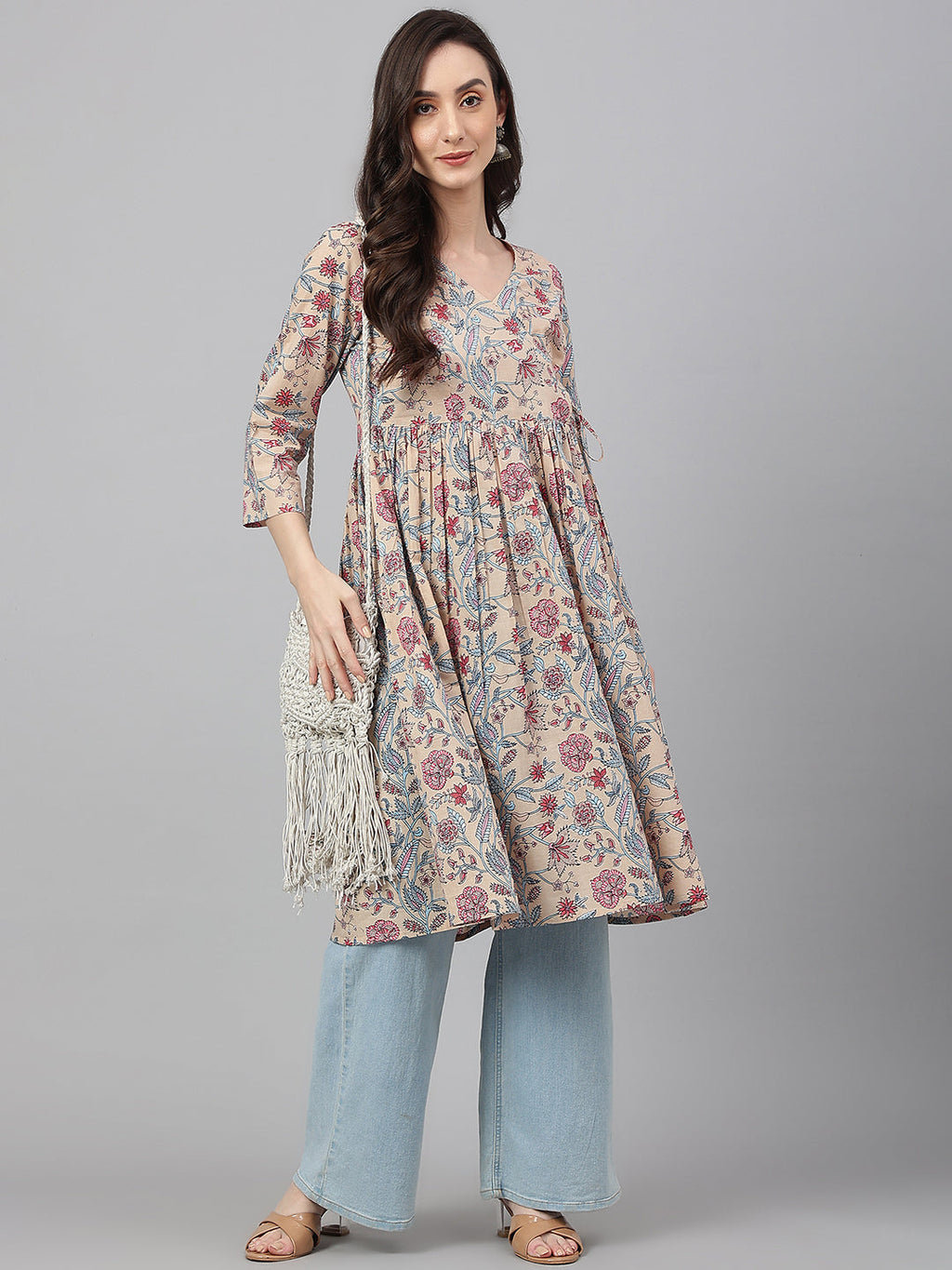 Janasya Women's Beige Cotton Floral Printed Casual Angrakha Kurta | Grocsy