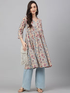 Janasya Women's Beige Cotton Floral Printed Casual Angrakha Kurta | Grocsy