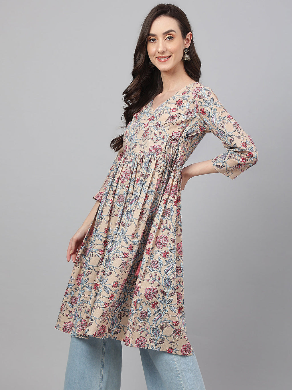 Janasya Women's Beige Cotton Floral Printed Casual Angrakha Kurta | Grocsy