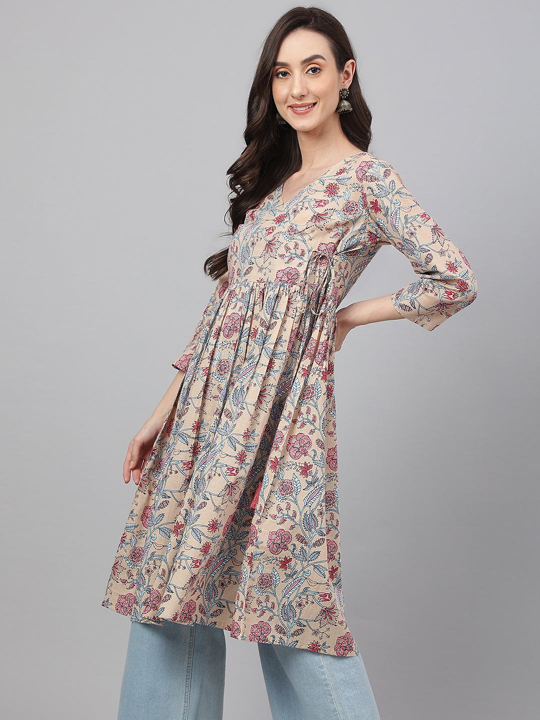 Janasya Women's Beige Cotton Floral Printed Casual Angrakha Kurta | Grocsy