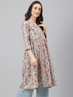 Janasya Women's Beige Cotton Floral Printed Casual Angrakha Kurta | Grocsy