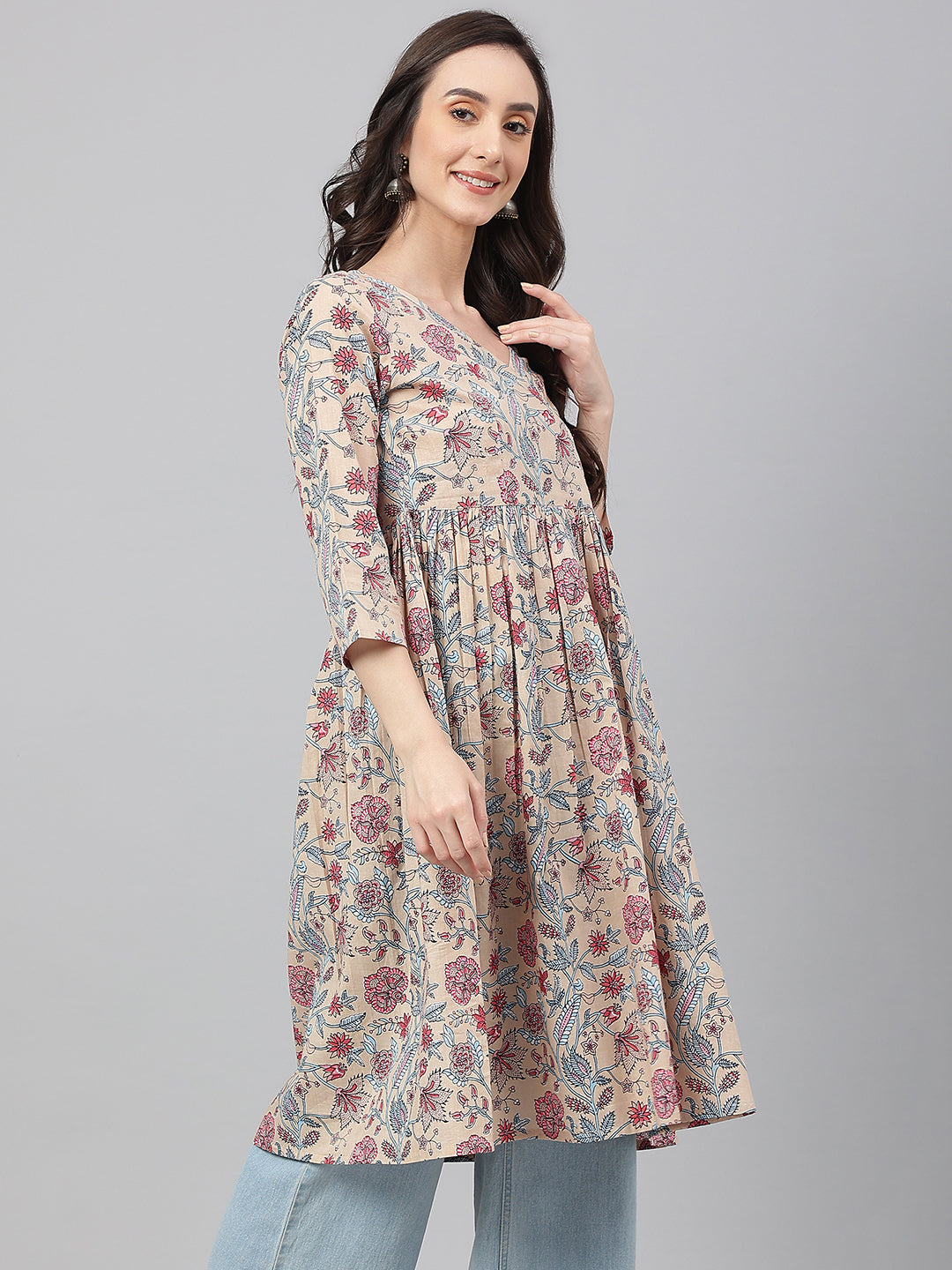 Janasya Women's Beige Cotton Floral Printed Casual Angrakha Kurta | Grocsy