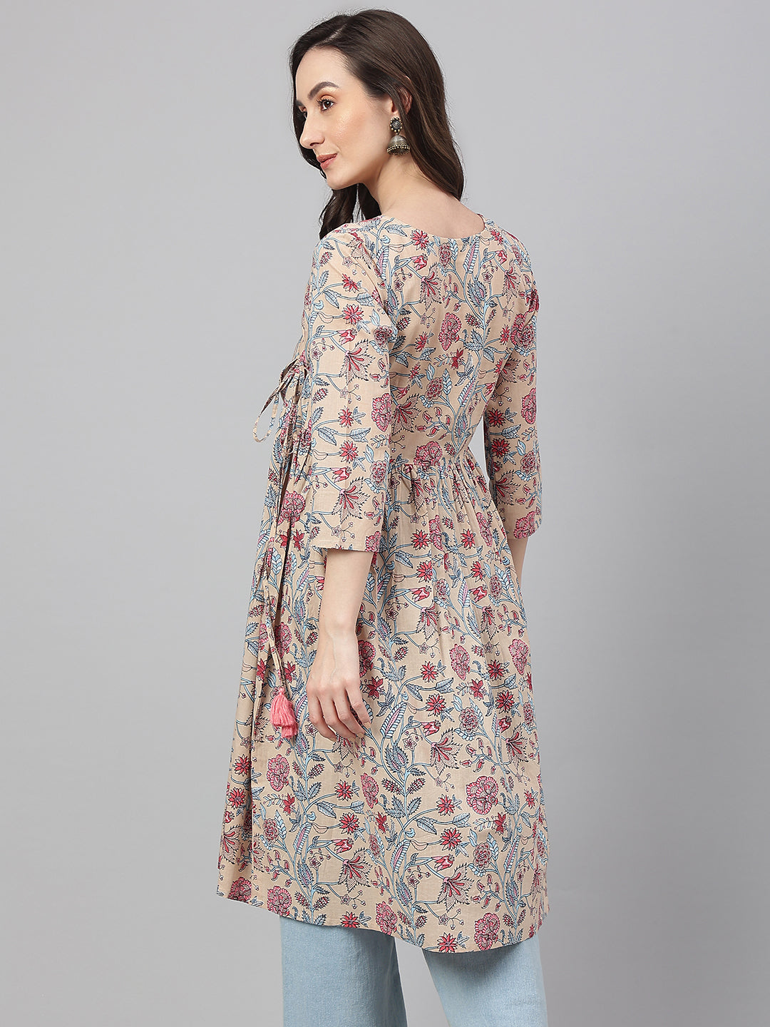 Janasya Women's Beige Cotton Floral Printed Casual Angrakha Kurta | Grocsy