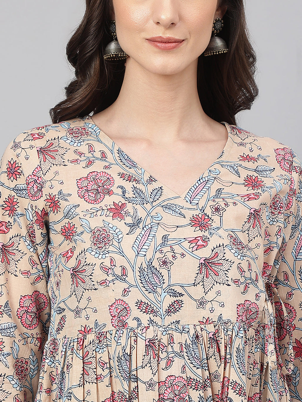 Janasya Women's Beige Cotton Floral Printed Casual Angrakha Kurta | Grocsy