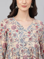 Janasya Women's Beige Cotton Floral Printed Casual Angrakha Kurta | Grocsy