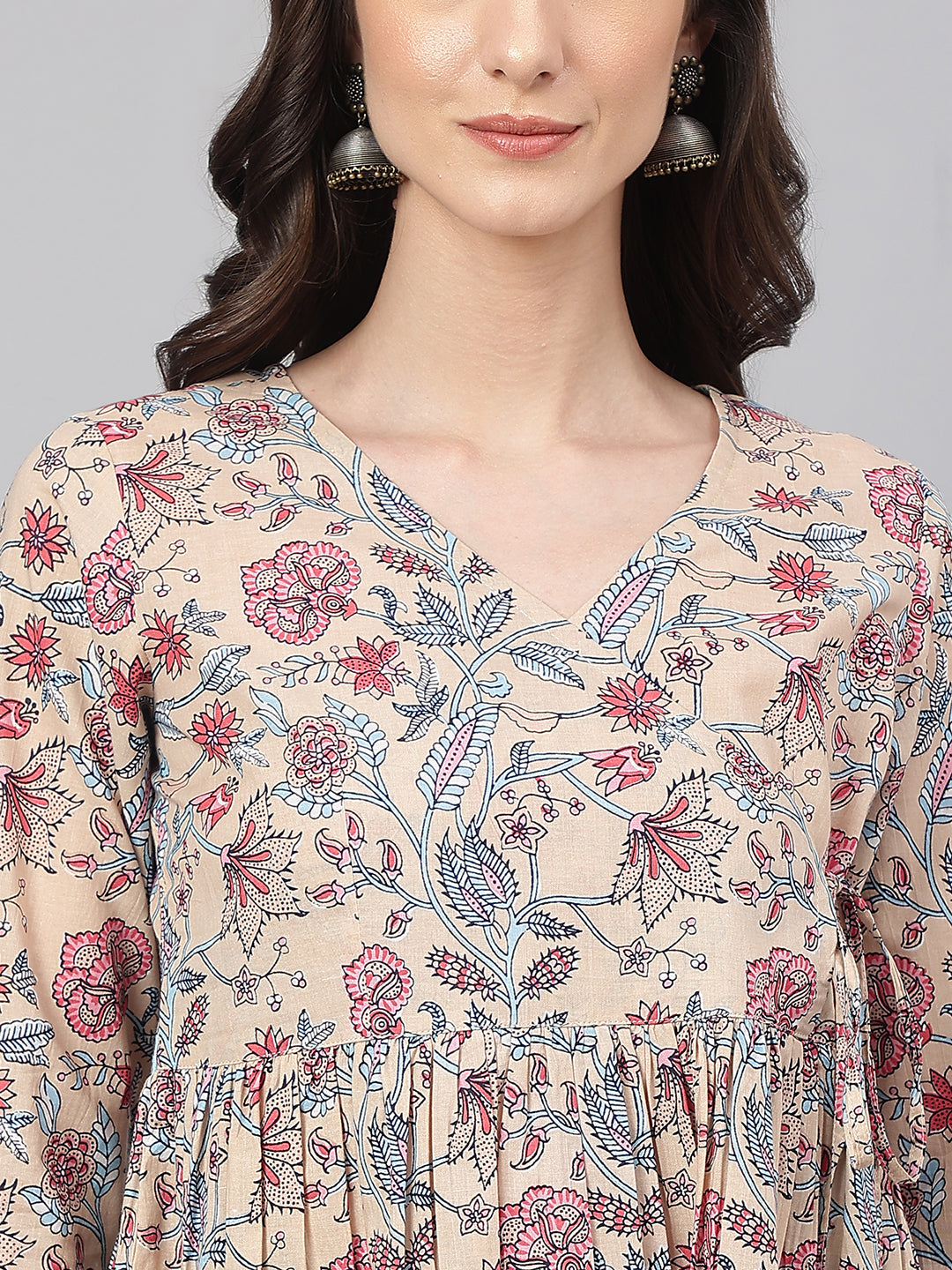 Janasya Women's Beige Cotton Floral Printed Casual Angrakha Kurta | Grocsy