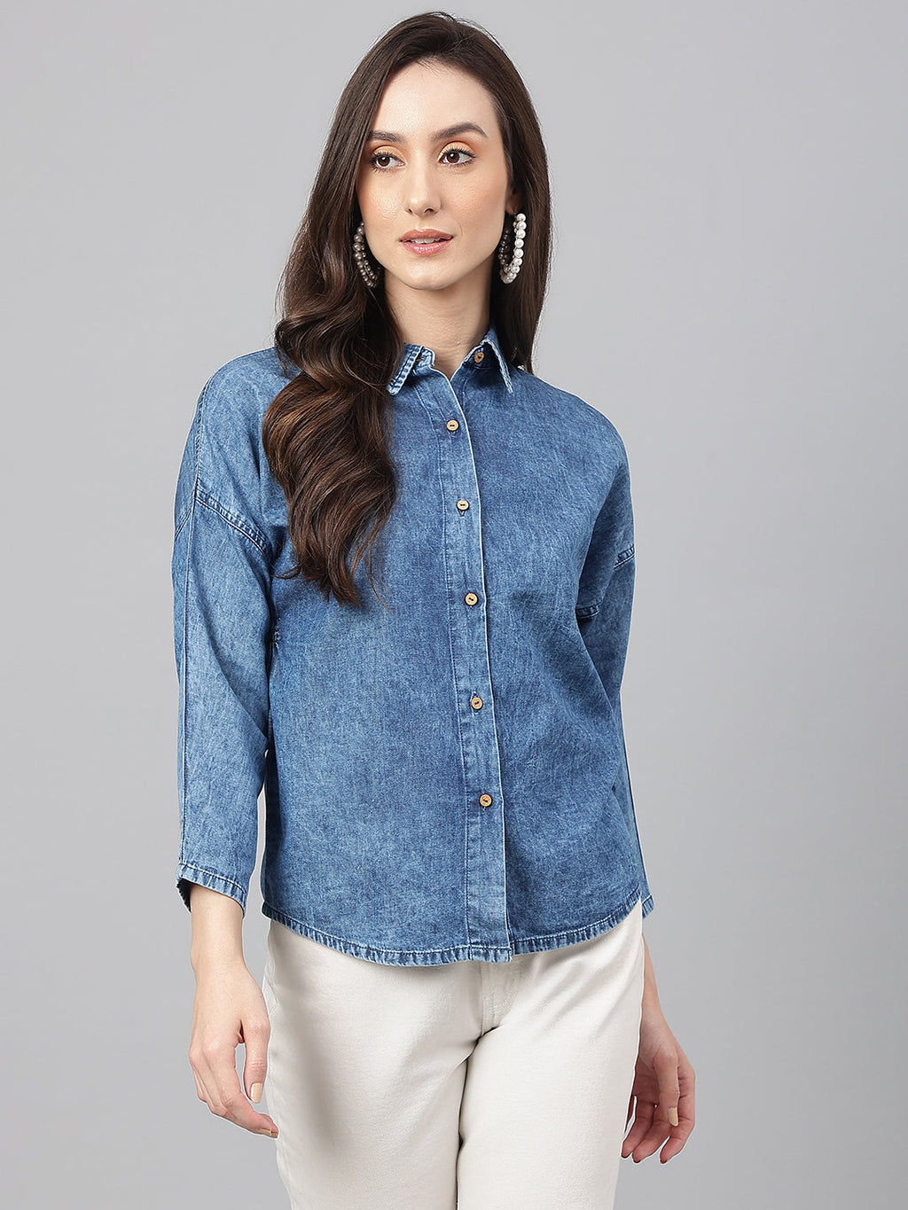 Janasya Women's Blue Denim Solid Shirt Style Top | Grocsy