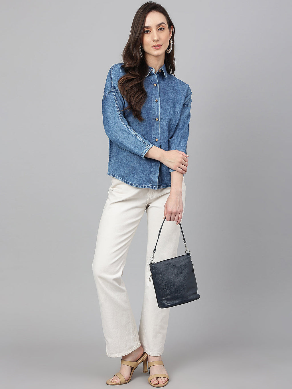 Janasya Women's Blue Denim Solid Shirt Style Top | Grocsy