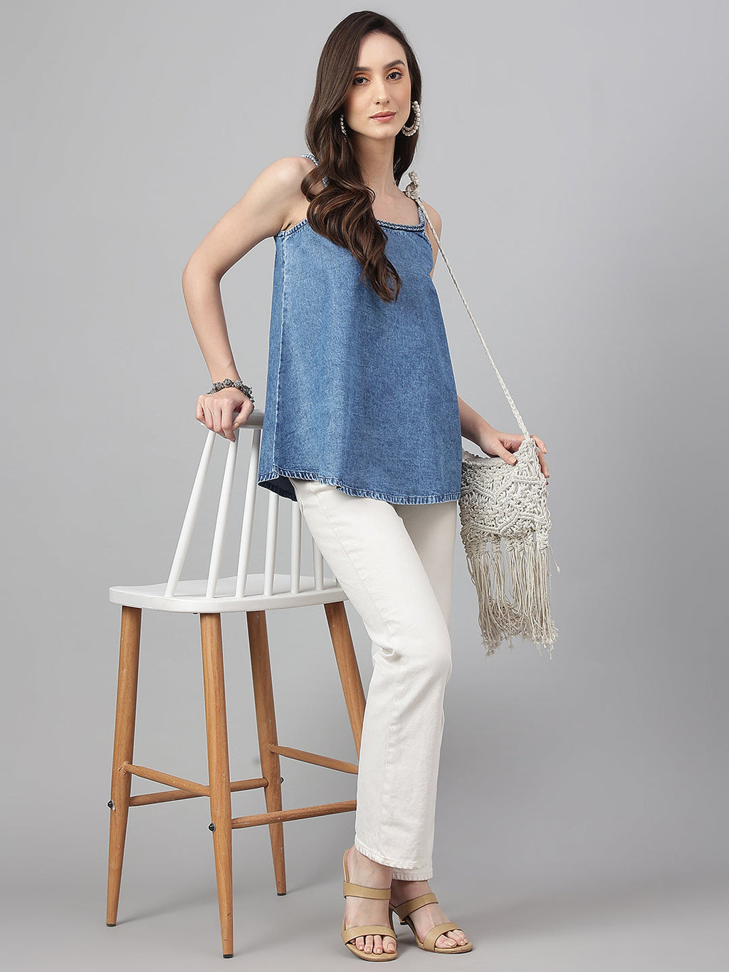 Janasya Women's Blue Denim Solid Regular Top | Grocsy