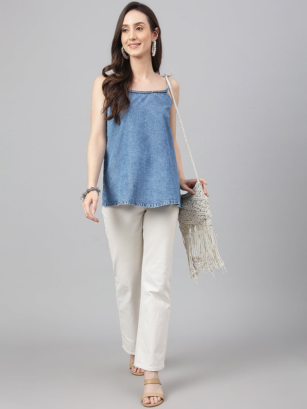 Janasya Women's Blue Denim Solid Regular Top | Grocsy