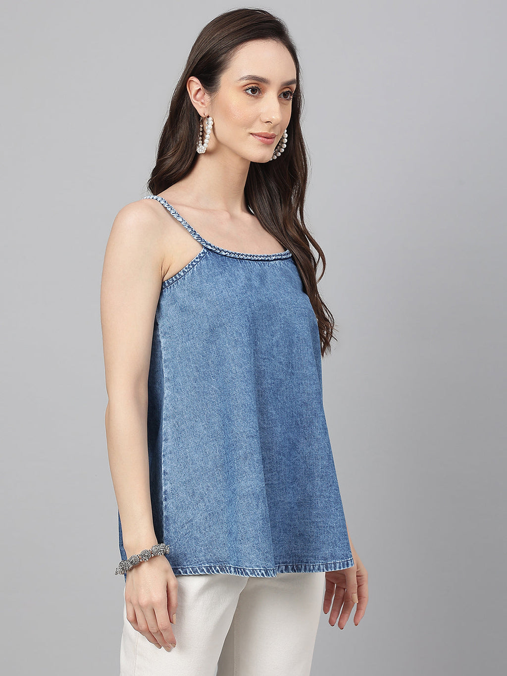 Janasya Women's Blue Denim Solid Regular Top | Grocsy