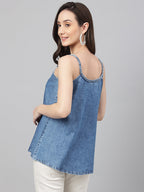 Janasya Women's Blue Denim Solid Regular Top | Grocsy