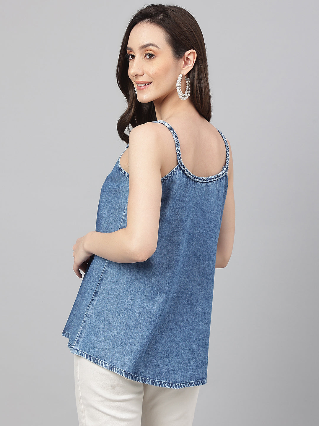 Janasya Women's Blue Denim Solid Regular Top | Grocsy