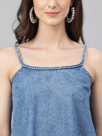 Janasya Women's Blue Denim Solid Regular Top | Grocsy