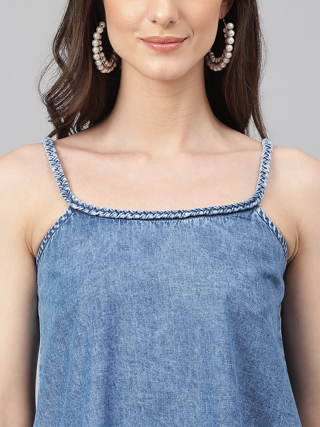Janasya Women's Blue Denim Solid Regular Top | Grocsy