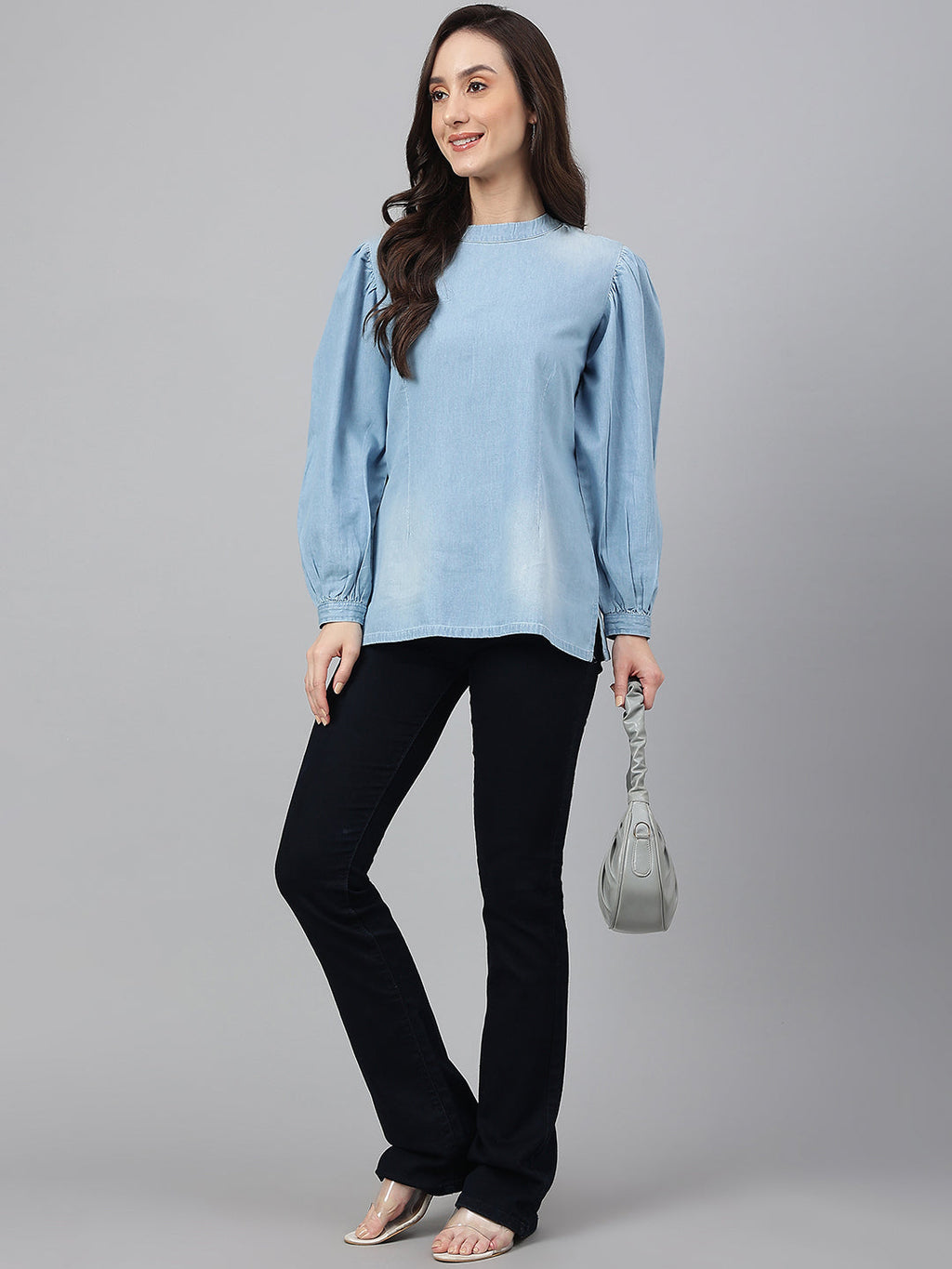 Janasya Women's Light Blue Denim Solid Regular Top | Grocsy