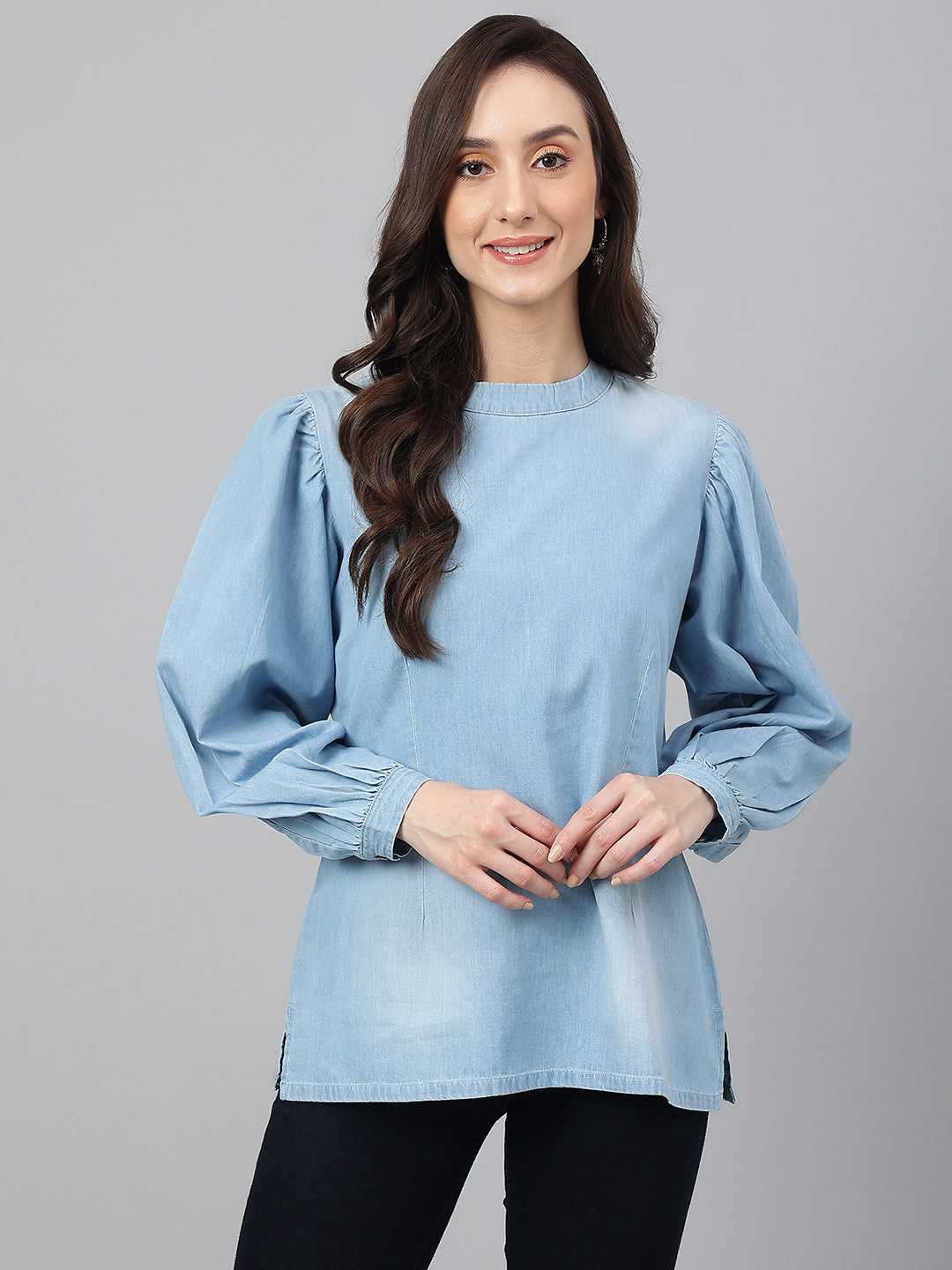Janasya Women's Light Blue Denim Solid Regular Top | Grocsy