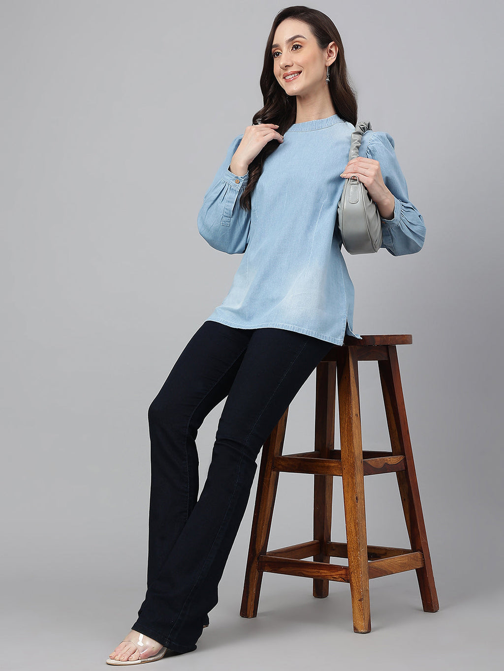 Janasya Women's Light Blue Denim Solid Regular Top | Grocsy