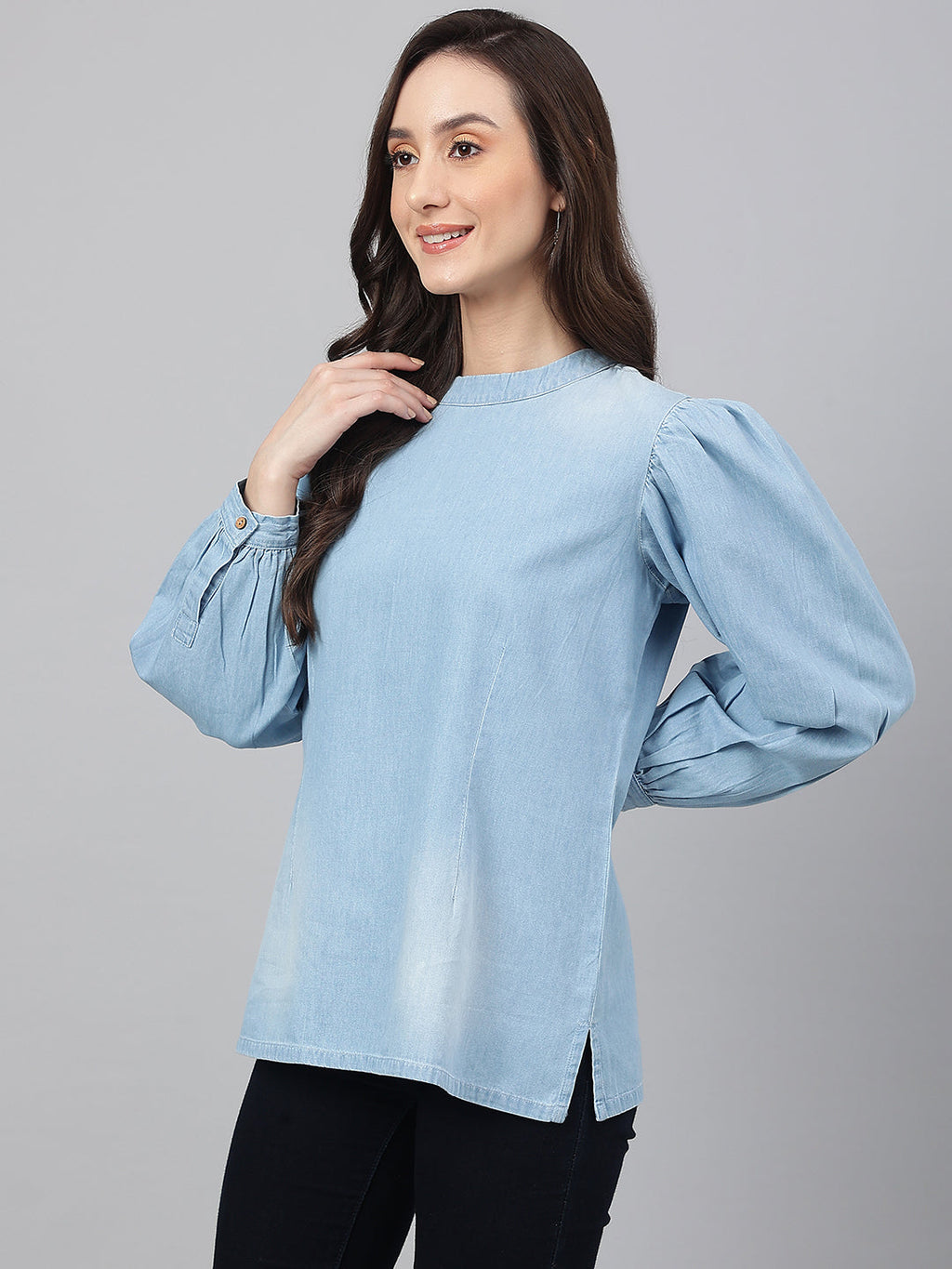 Janasya Women's Light Blue Denim Solid Regular Top | Grocsy