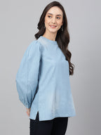 Janasya Women's Light Blue Denim Solid Regular Top | Grocsy
