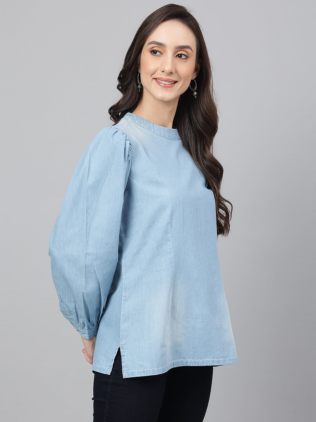 Janasya Women's Light Blue Denim Solid Regular Top | Grocsy