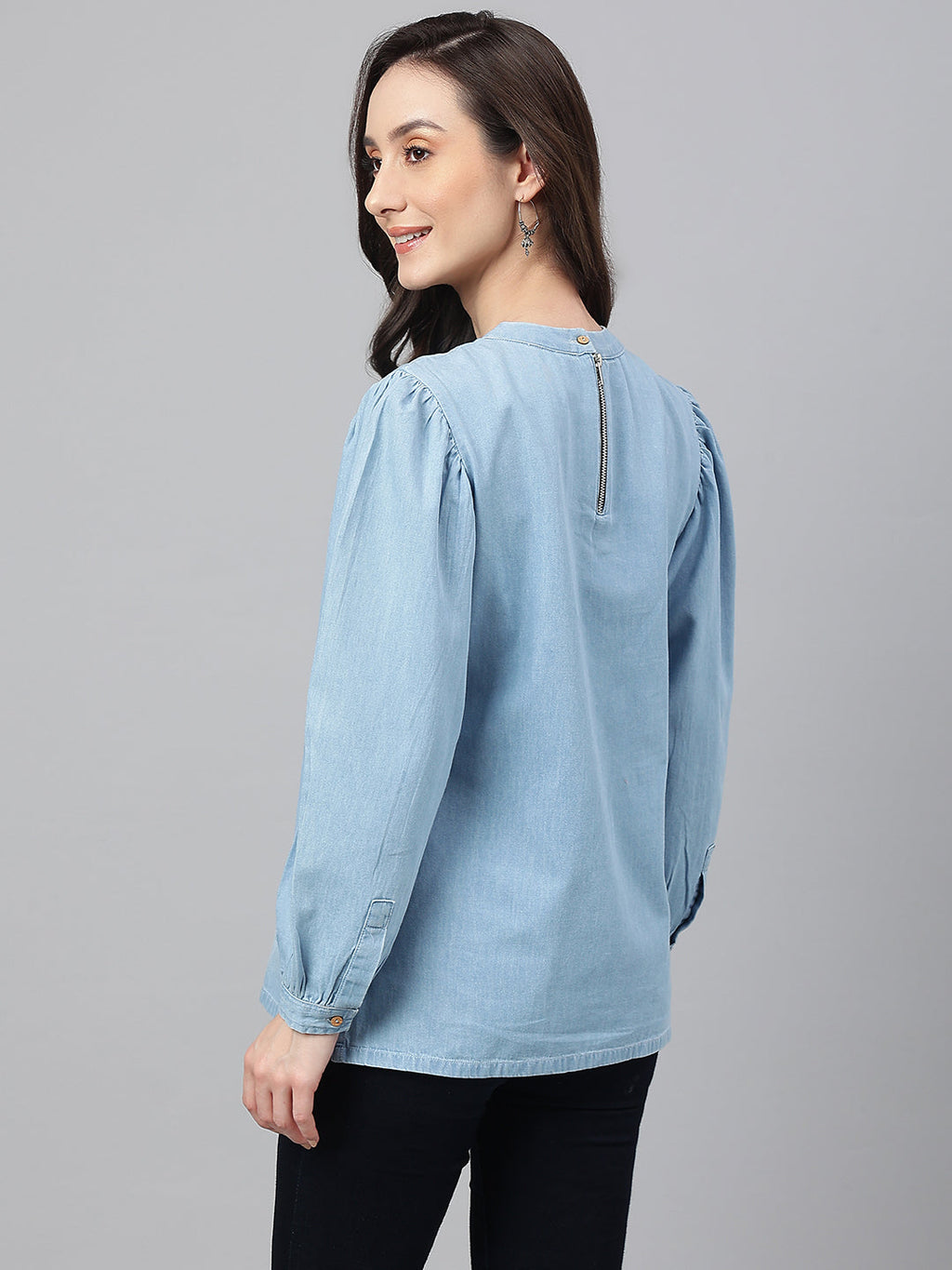 Janasya Women's Light Blue Denim Solid Regular Top | Grocsy
