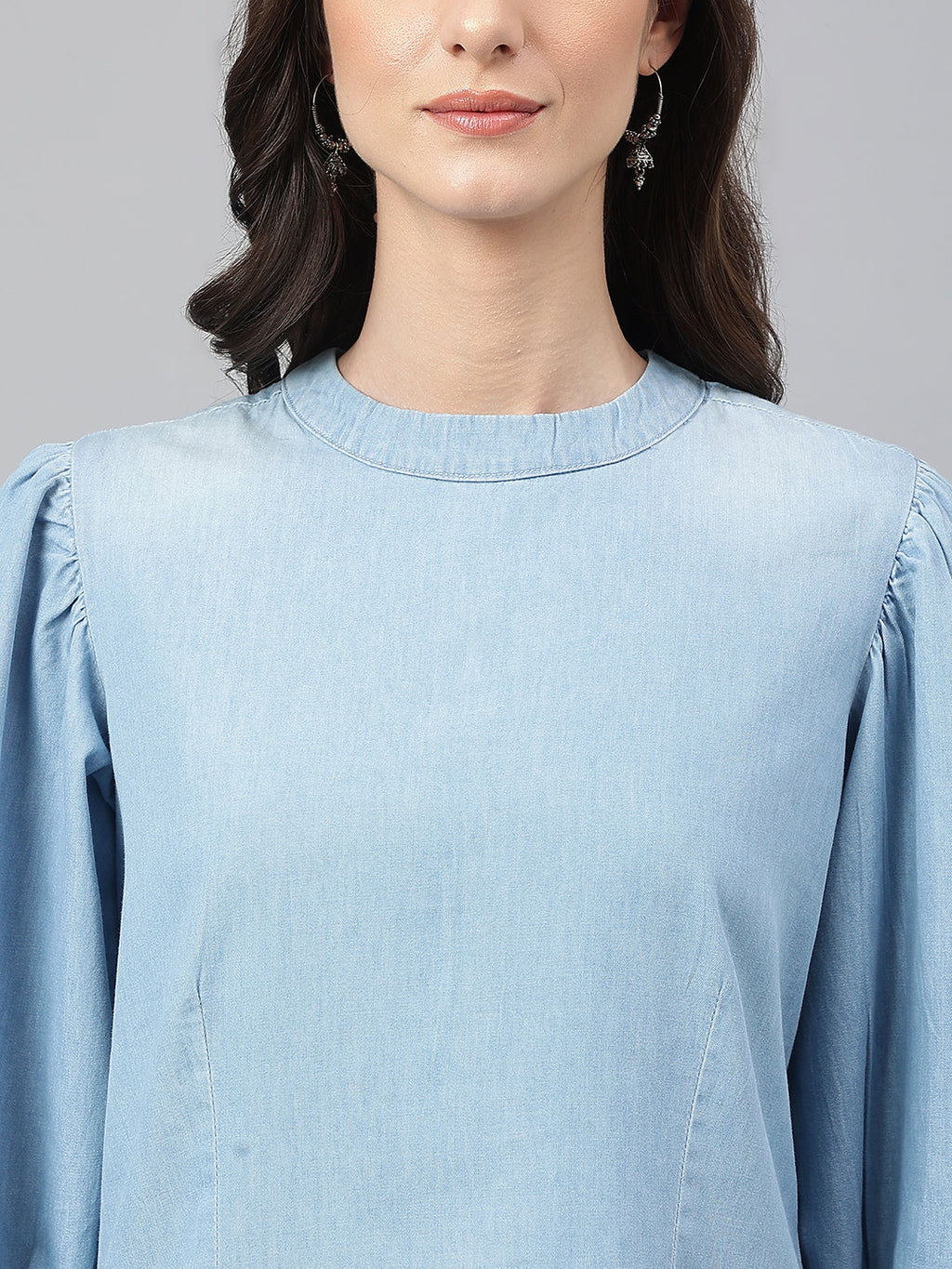 Janasya Women's Light Blue Denim Solid Regular Top | Grocsy