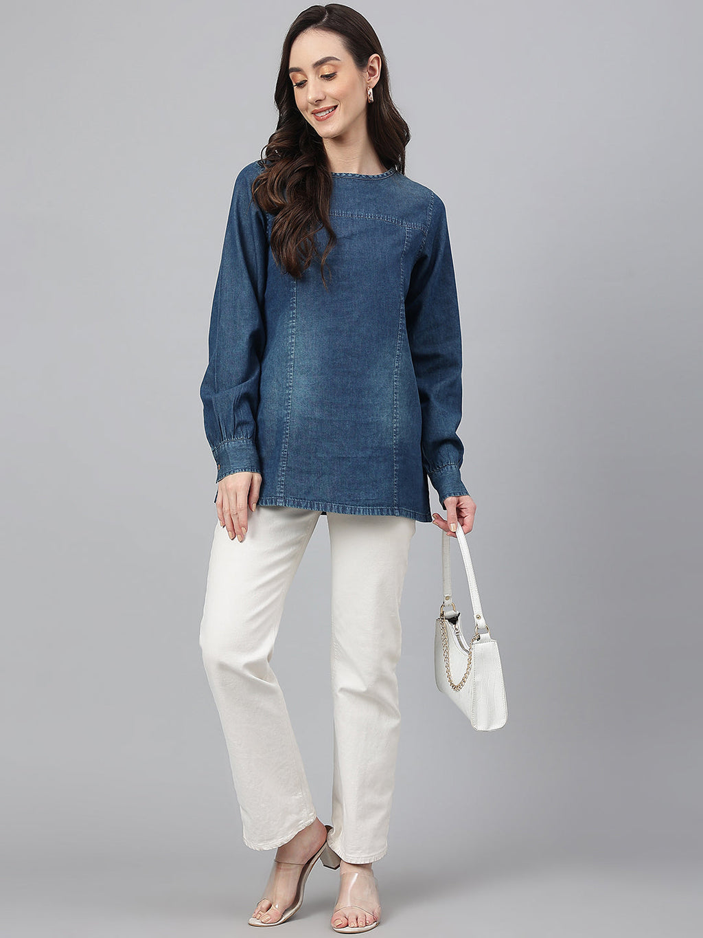 Janasya Women's Dark Blue Denim Solid Regular Top | Grocsy