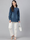 Janasya Women's Dark Blue Denim Solid Regular Top | Grocsy