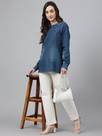 Janasya Women's Dark Blue Denim Solid Regular Top | Grocsy