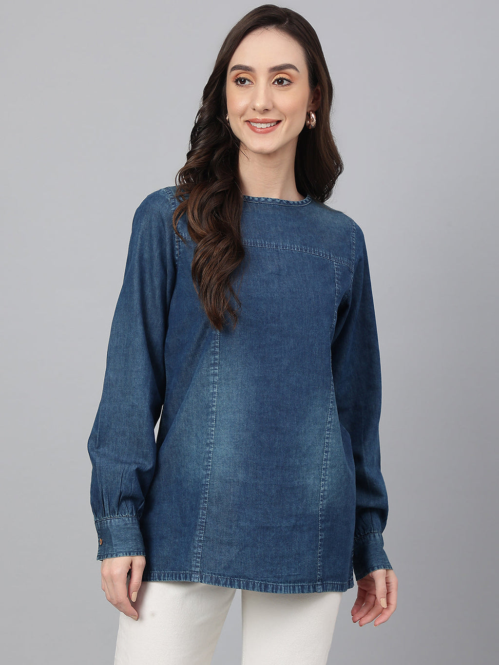 Janasya Women's Dark Blue Denim Solid Regular Top | Grocsy
