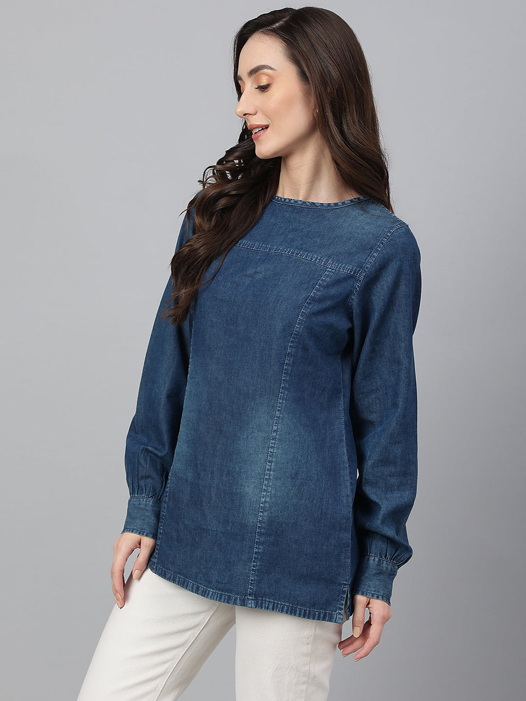 Janasya Women's Dark Blue Denim Solid Regular Top | Grocsy