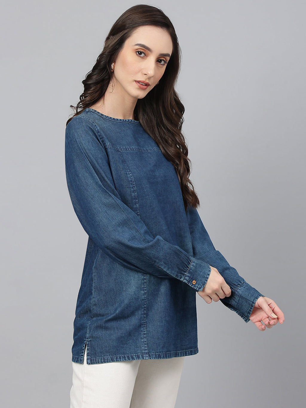 Janasya Women's Dark Blue Denim Solid Regular Top | Grocsy