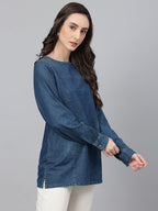 Janasya Women's Dark Blue Denim Solid Regular Top | Grocsy