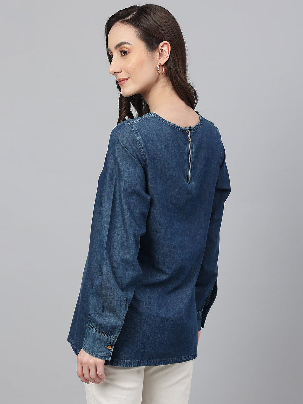 Janasya Women's Dark Blue Denim Solid Regular Top | Grocsy