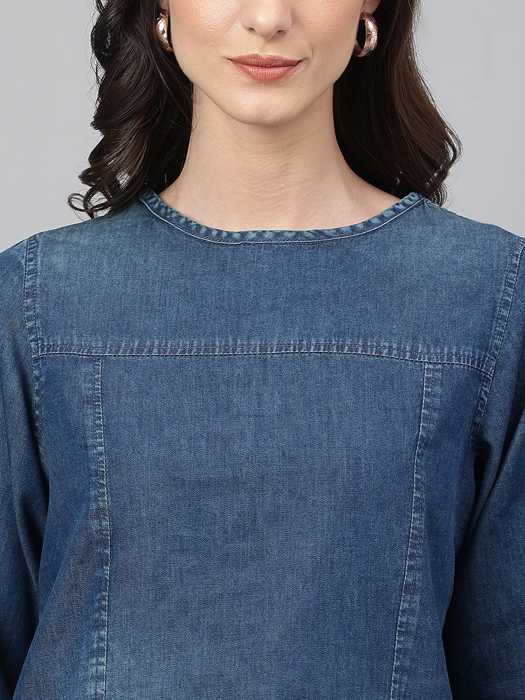 Janasya Women's Dark Blue Denim Solid Regular Top | Grocsy