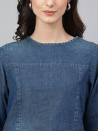 Janasya Women's Dark Blue Denim Solid Regular Top | Grocsy