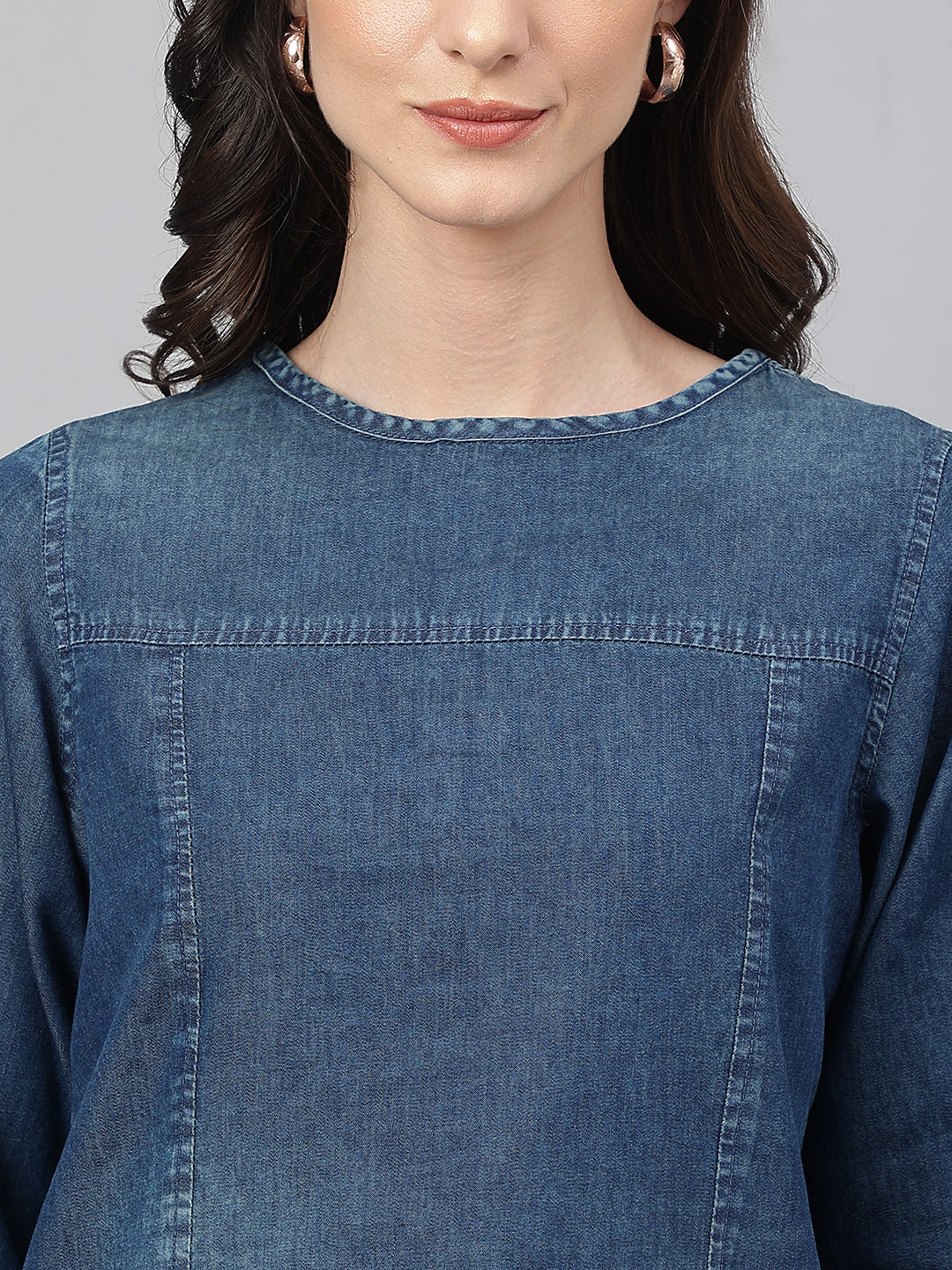 Janasya Women's Dark Blue Denim Solid Regular Top | Grocsy