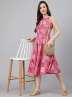Janasya Women's Pink Crepe Digital Printed Tiered Western Dress | Grocsy