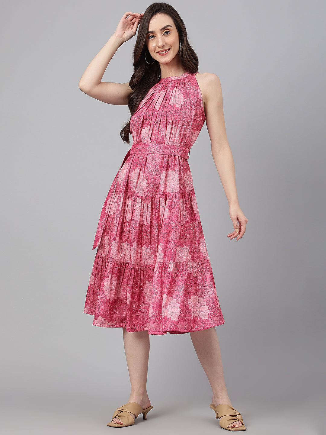 Janasya Women's Pink Crepe Digital Printed Tiered Western Dress | Grocsy