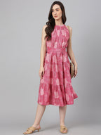 Janasya Women's Pink Crepe Digital Printed Tiered Western Dress | Grocsy